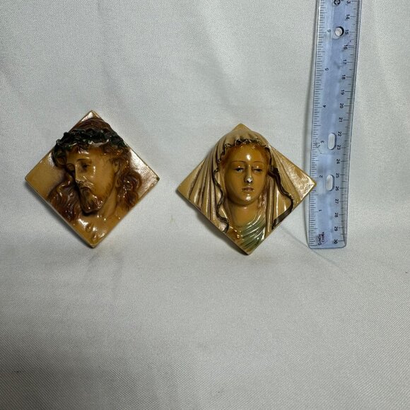 Vintage Jesus Blessed Virgin Mary Chalkware Wall Plaques Catholic Square - Picture 6 of 9